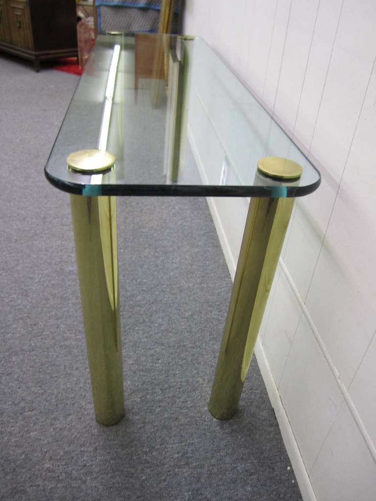 Gorgeous Glass & Brass Console with Cylindrical Legs by Pace Collection, Mid-Century Modern 1