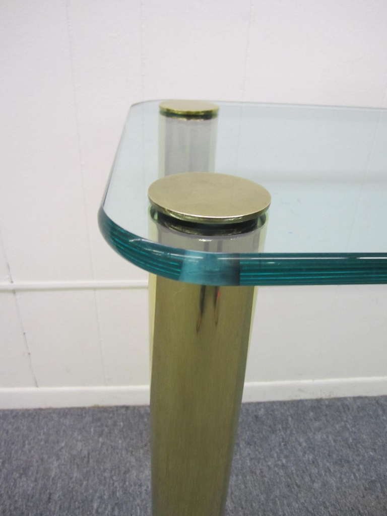 Gorgeous Glass & Brass Console with Cylindrical Legs by Pace Collection, Mid-Century Modern 3
