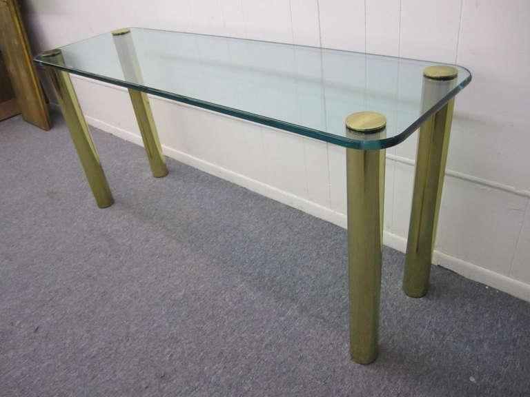 Gorgeous Glass & Brass Console with Cylindrical Legs by Pace Collection, Mid-Century Modern 5