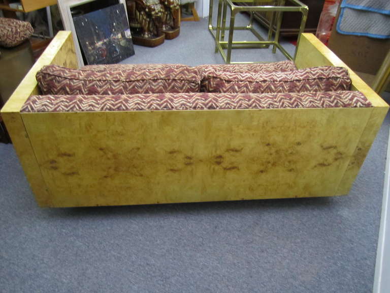 Brass Pair of Burlwood Olivewood Milo Baughman Style Case Loveseat Sofas For Sale