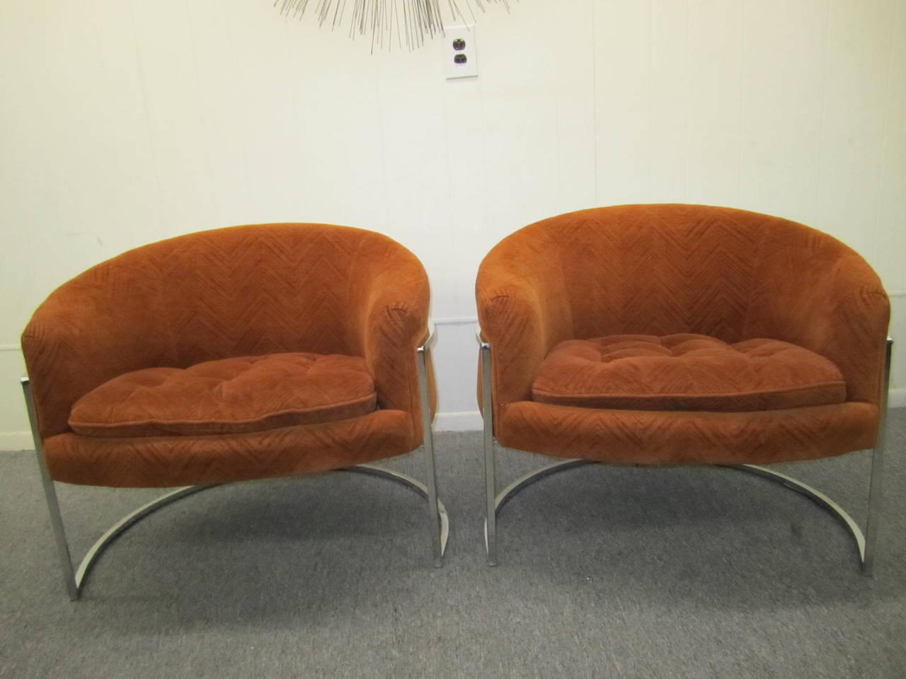 American Pair of Milo Baughman Chrome Frame Barrel Back Chairs, Mid-Century Modern