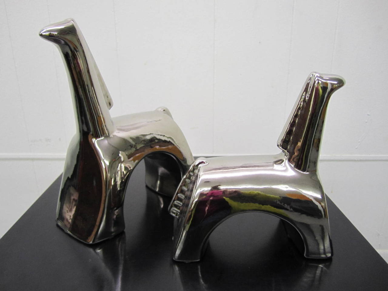 Late 20th Century Whimsical Pair Signed Jaru Silvered Ceramic Horse Sculptures Mid-Century Modern