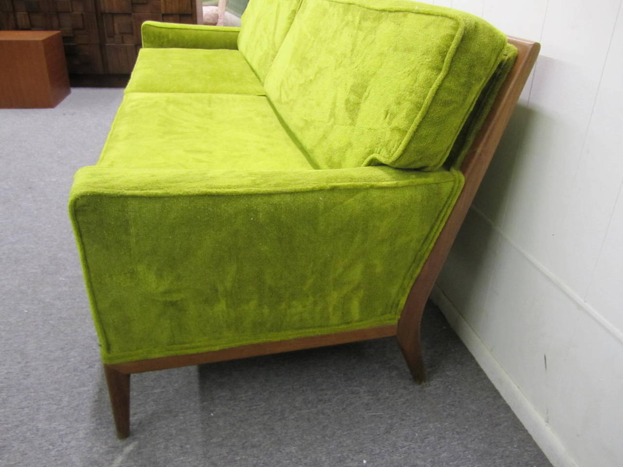 American T.H. Robsjohn Gibbings Style Walnut Framed Sofa Mid-Century Modern