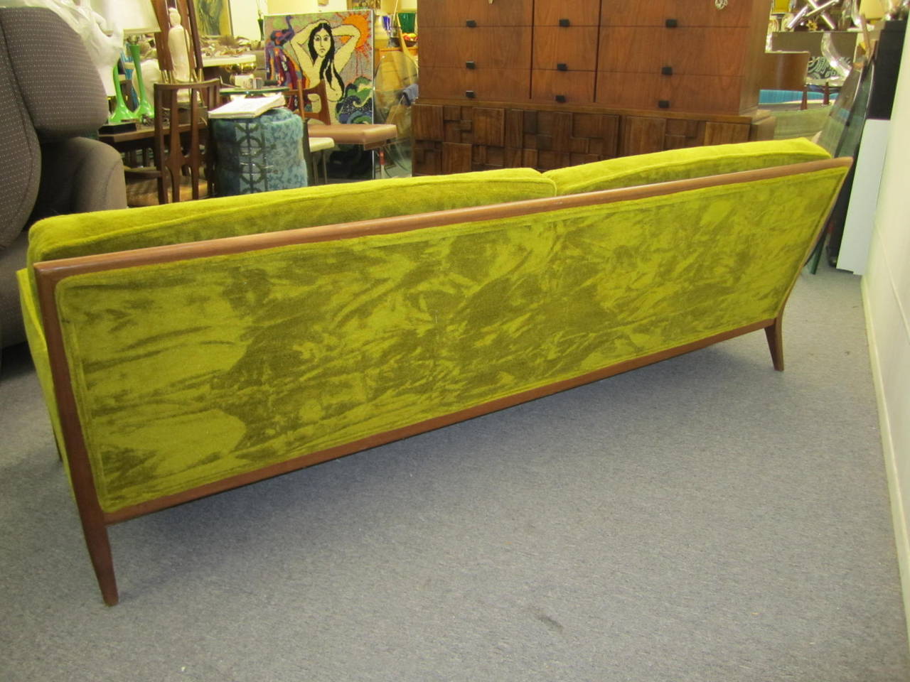 T.H. Robsjohn Gibbings Style Walnut Framed Sofa Mid-Century Modern 1