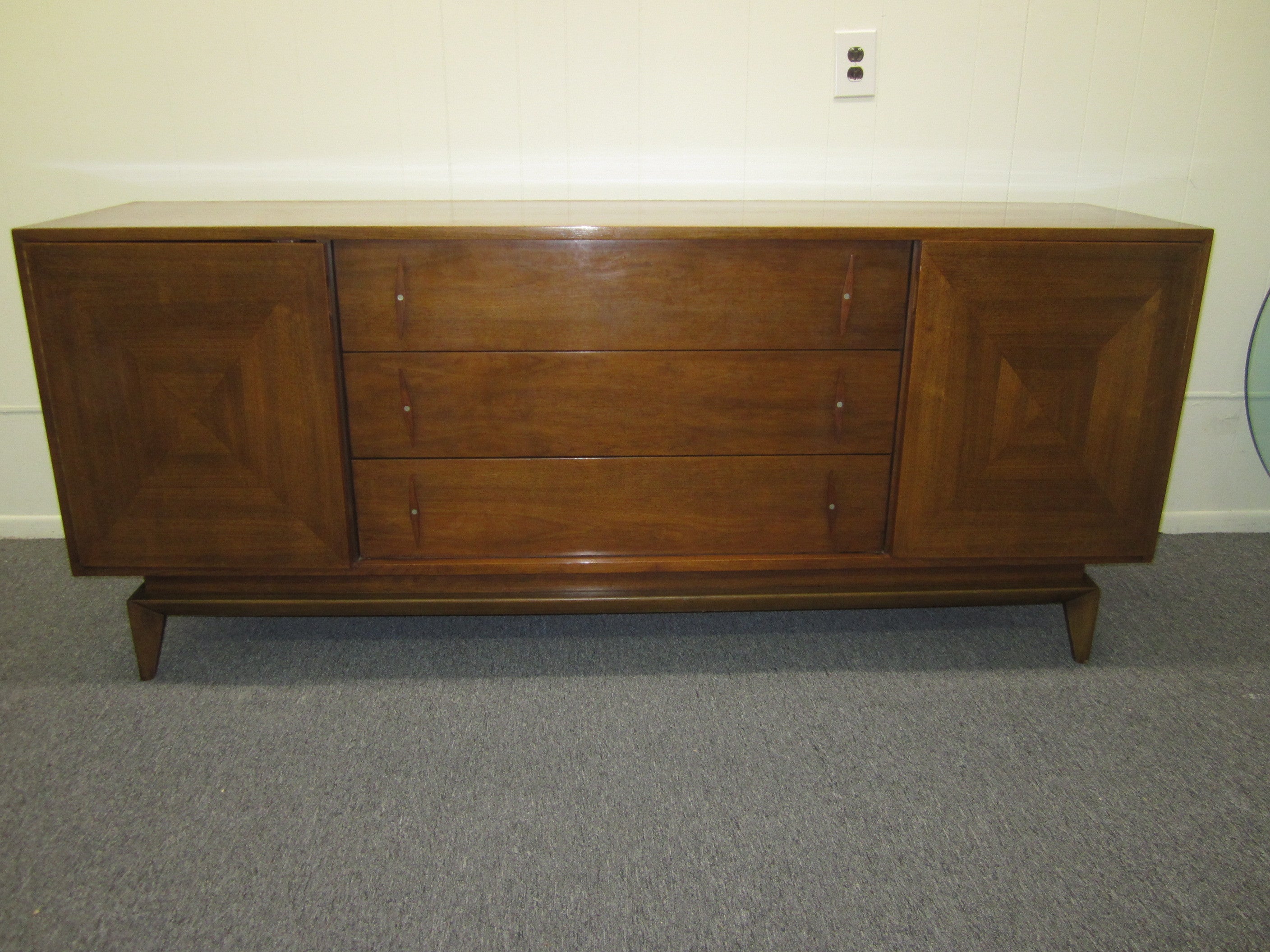 Geometric and Sculptural American of Martinsville Walnut Credenza Mid-century