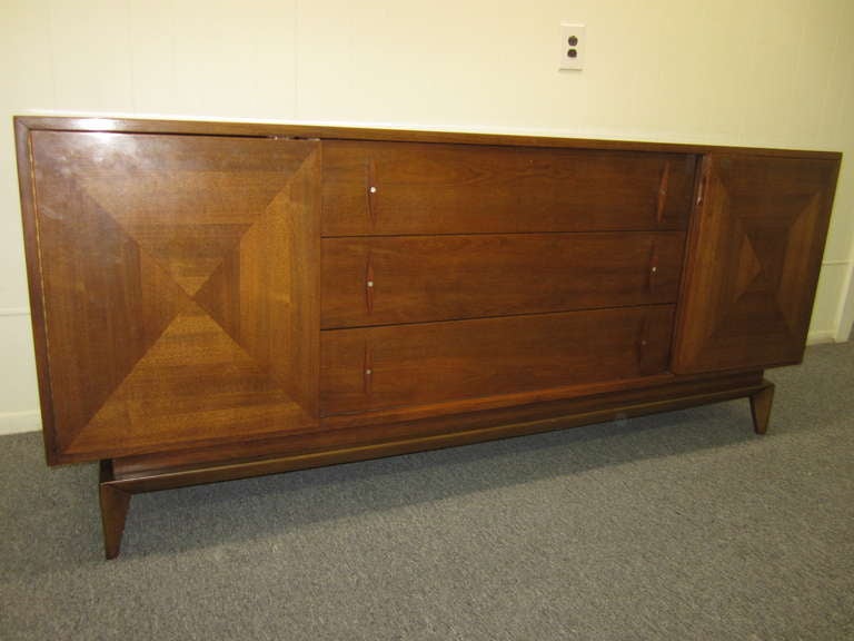 Geometric and Sculptural American of Martinsville Walnut Credenza Mid-century 3