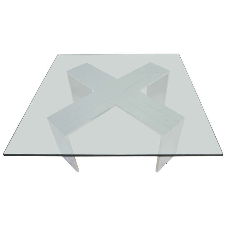 Excellent oversized heavy chrome X base coffee table by Milo Baughman . This fabulous coffee table was purchase from a Long Island mansion loaded with all Milo Baughman pieces. You will love the sheer size of the base with the heavy thick glass. The