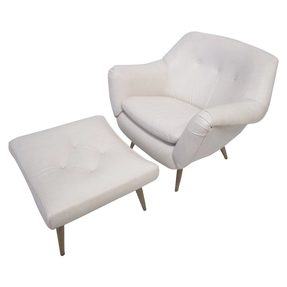White Leather Lawrence Peabody Lounge Chair with Ottoman, Mid-Century Modern