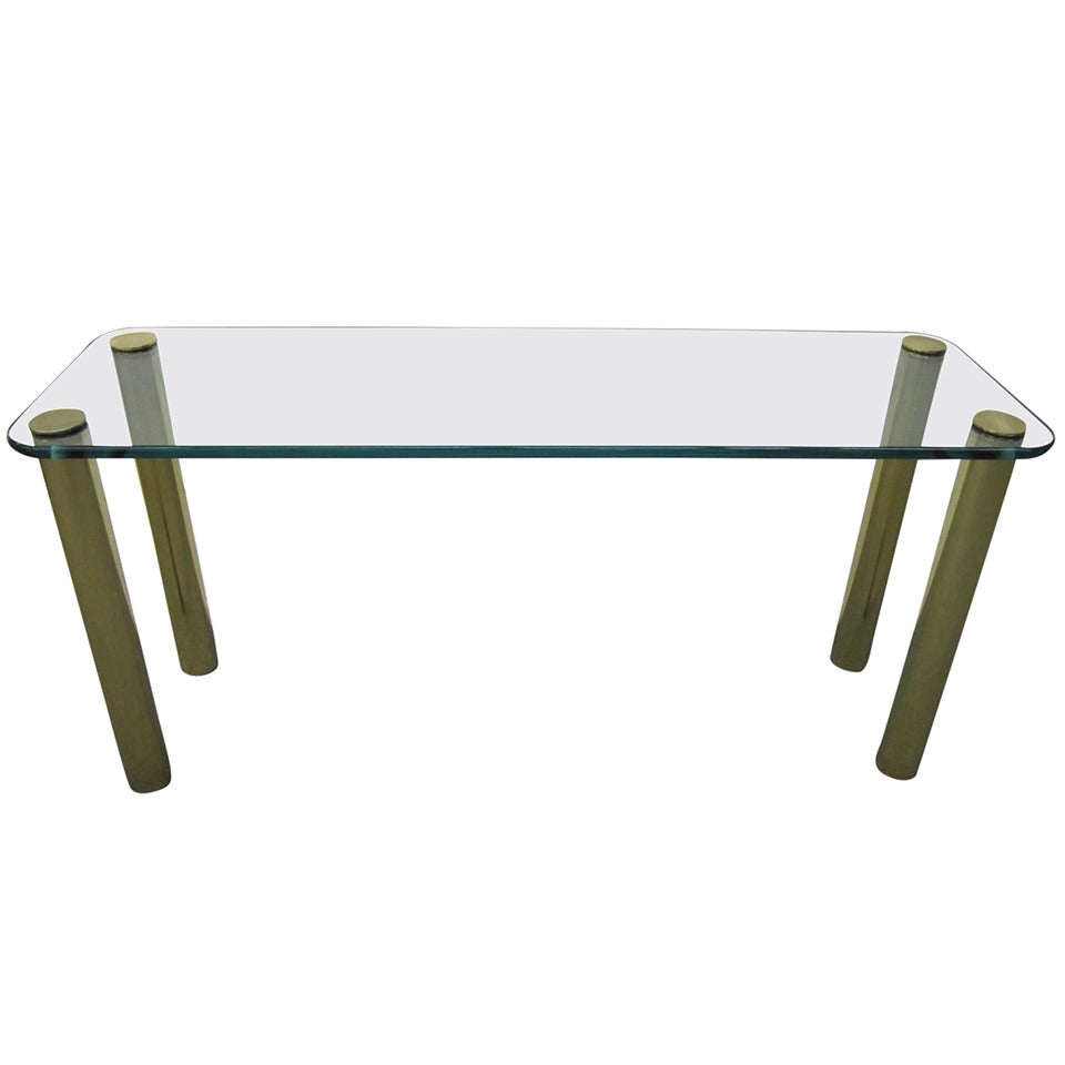 Gorgeous Glass & Brass Console with Cylindrical Legs by Pace Collection, Mid-Century Modern