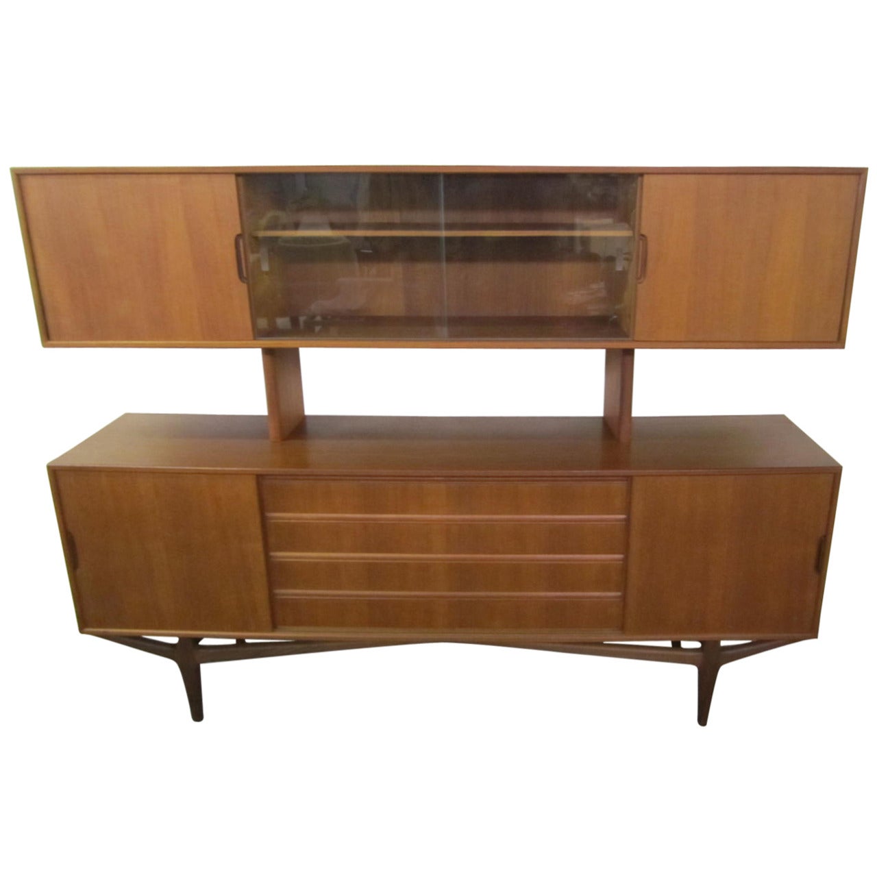 Lovely Teak Danish Credenza with Floating Hutch Room Divider, Unusual Legs For Sale