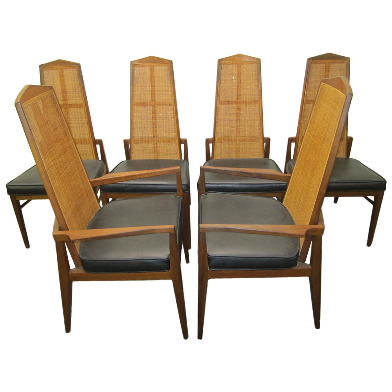 Six Walnut Foster and McDavid Cane Back Dining Chairs, Mid-Century Modern