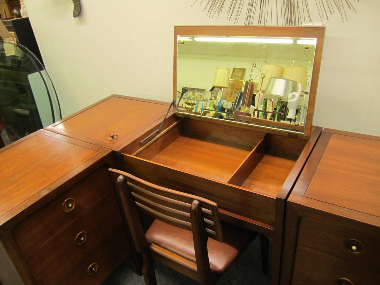 Extremely rare five-piece set of John Van Koert's Drexel Counterpoint modular desk and chair plus two separate drawer units and a fabulous cedar lined hamper. Handsome in every way with a flip up mirrored desk/vanity and matching desk chair. This