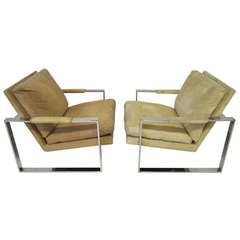 Fabulous Pair of Signed Milo Baughman Chrome Cube Lounge Chairs, Mid-Century Modern