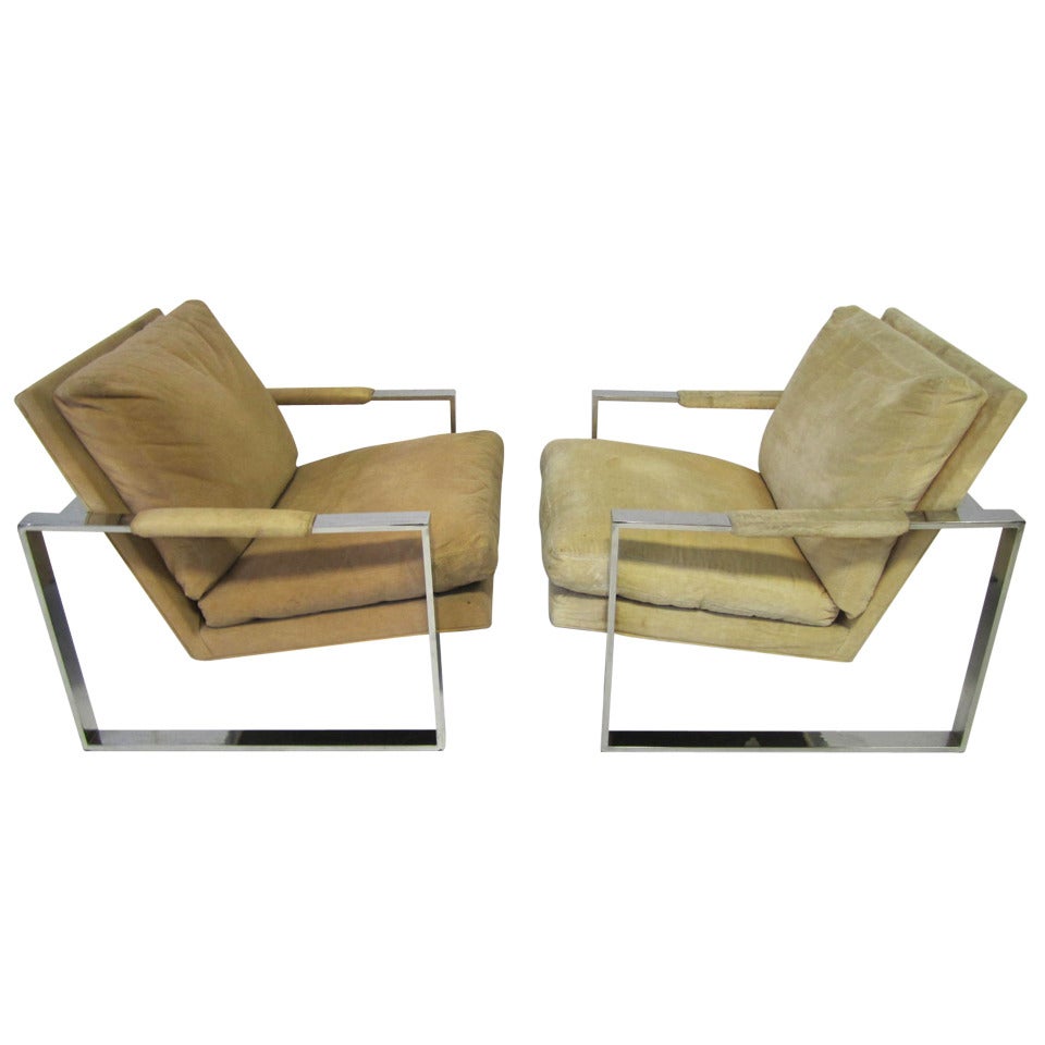 Fabulous Pair of Signed Milo Baughman Chrome Cube Lounge Chairs, Mid-Century Modern