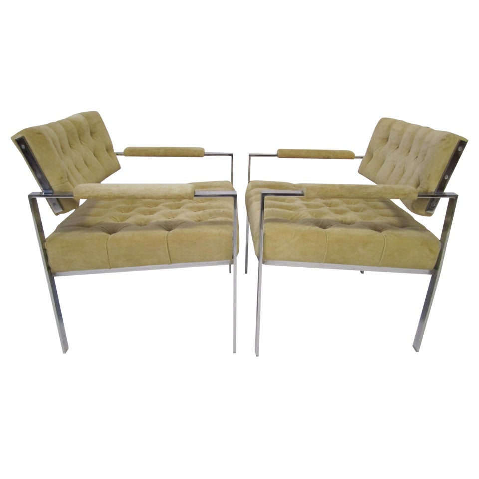 Fantastic Pair of Erwin-Lambeth Chrome Flat Bar Lounge Chairs, Mid-Century Mode