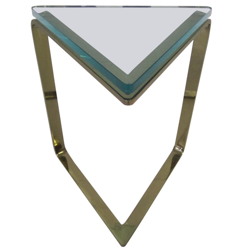 Stunning Karl Springer Style Thick Glass Triangular Brass Side Table ...