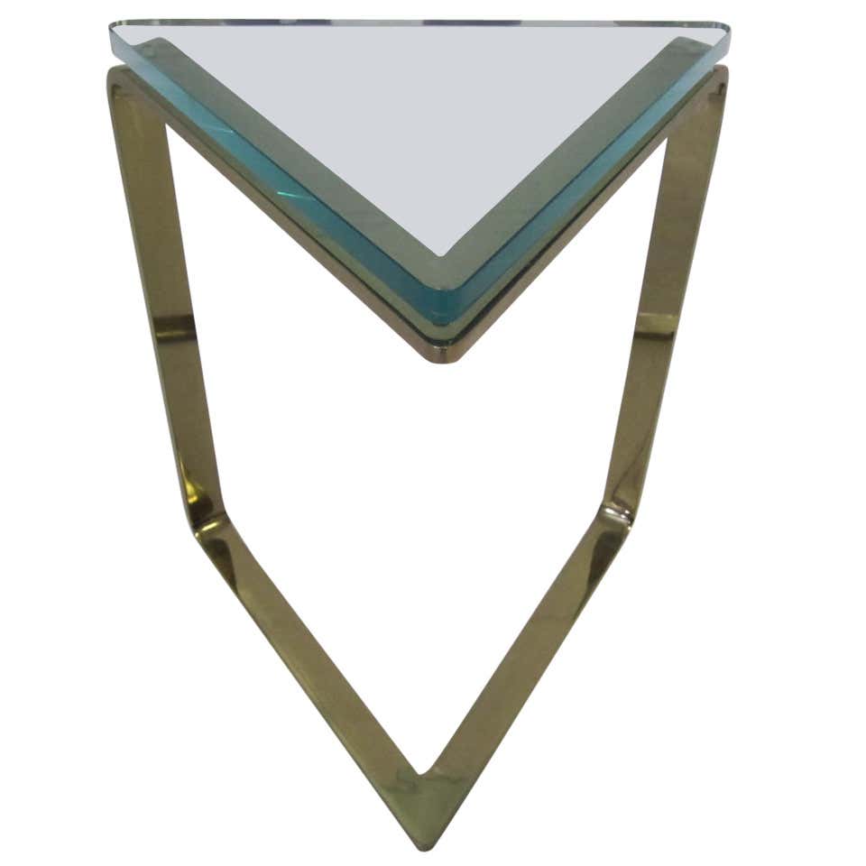 Stunning Karl Springer Style Thick Glass Triangular Brass Side Table ...