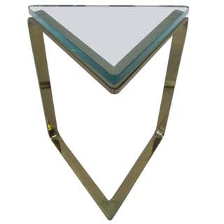 Stunning Karl Springer Style Thick Glass Triangular Brass Side Table ...