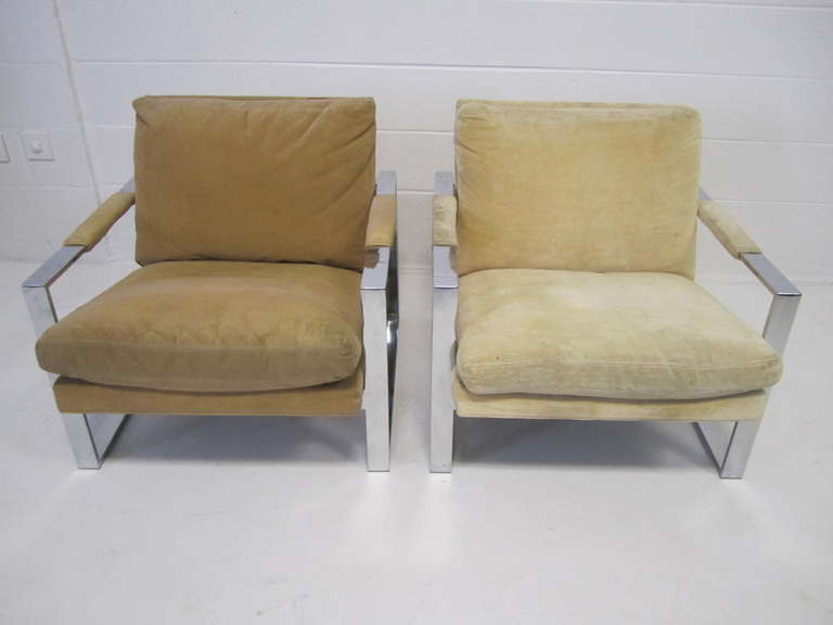 American Fabulous Pair of Signed Milo Baughman Chrome Cube Lounge Chairs, Mid-Century Modern