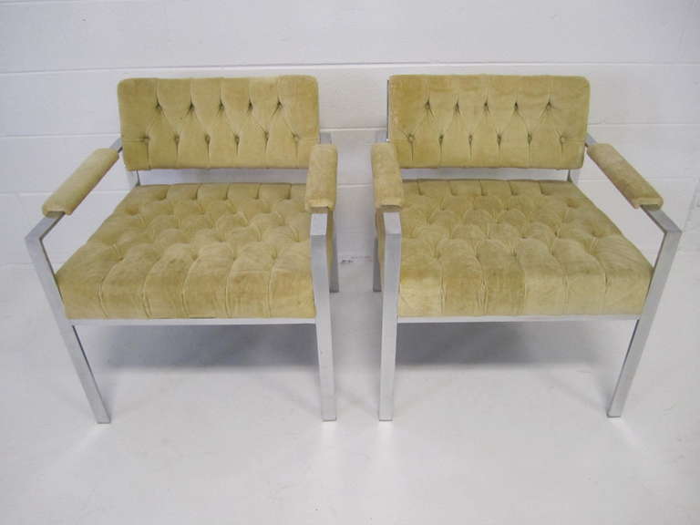 Fantastic pair of Erwin-Lambeth chrome flat bar lounge chairs.  Wow-these chairs are so rare-just gorgeous in person.  They are upholstered in their original camel velvet and do need new fabric but i know you want to add your touch anyhow.  The