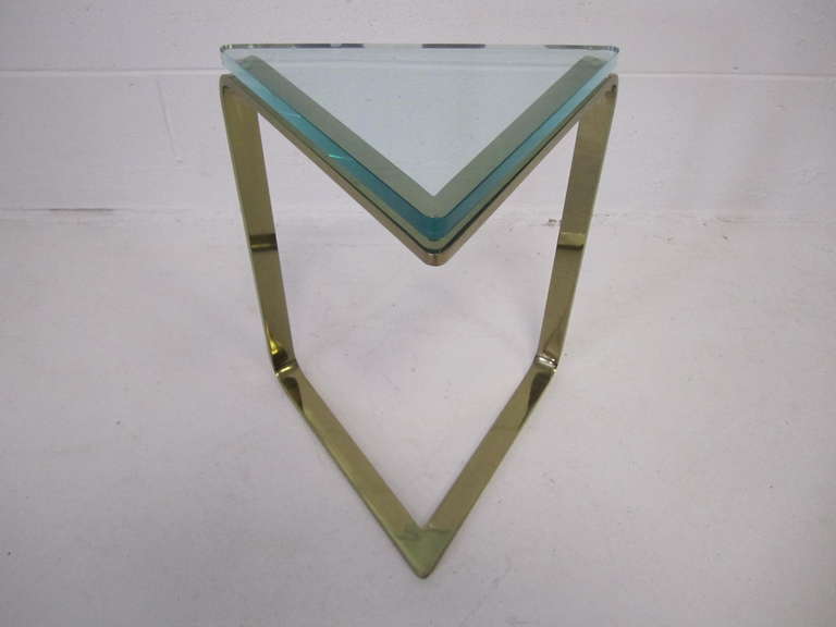 Stunning Karl Springer Style Thick Glass Triangular Brass Side Table ...