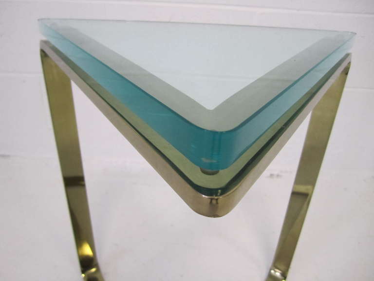 Stunning Karl Springer Style Thick Glass Triangular Brass Side Table ...