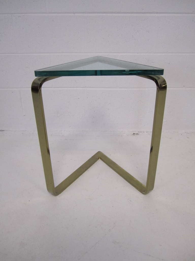 Stunning Karl Springer Style Thick Glass Triangular Brass Side Table ...