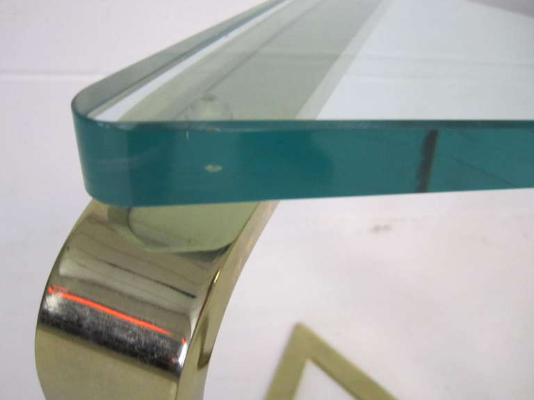 Stunning Karl Springer Style Thick Glass Triangular Brass Side Table ...