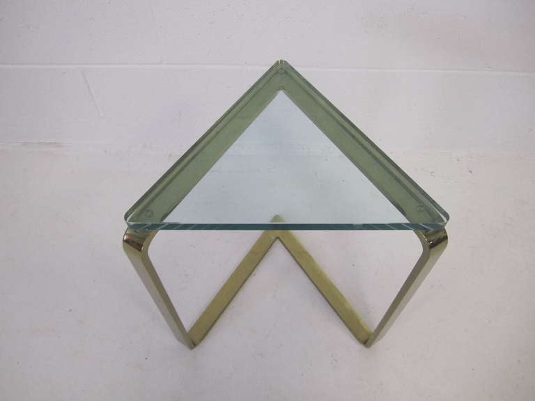 Stunning Karl Springer Style Thick Glass Triangular Brass Side Table ...
