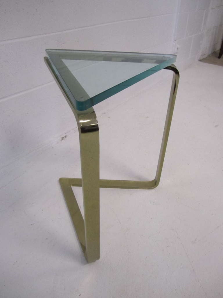 Stunning Karl Springer Style Thick Glass Triangular Brass Side Table ...