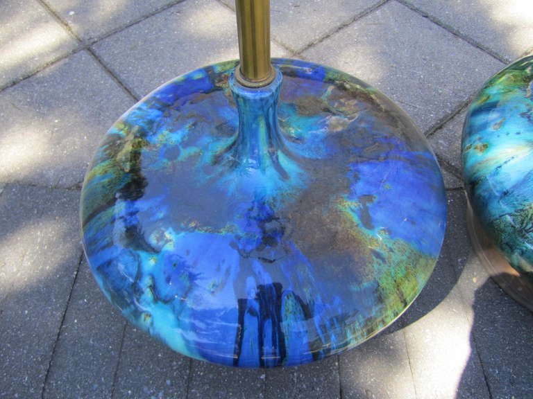 Over the top gorgeous pair of turquoise blue huge squatty lava drip glaze lamp. These are gigantic colorful piece of art that are also a fabulous lamps!  love these lamps so much i had to own one for myself.   I have a super tall cone shaped shade