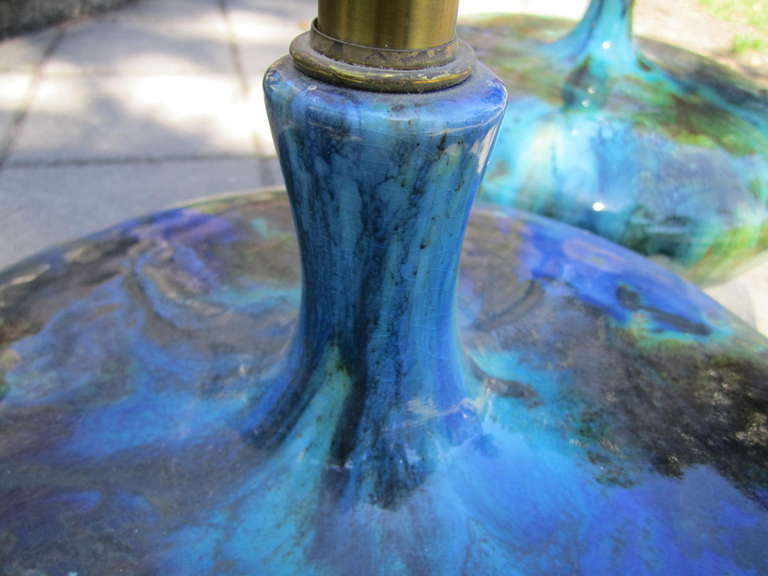 Walnut Magnificent Pair of Turquoise Oversized Squatty Danish Lava Drip Glaze Lamps Mid-century