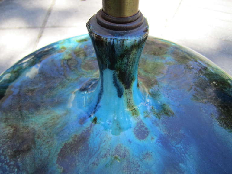 Magnificent Pair of Turquoise Oversized Squatty Danish Lava Drip Glaze Lamps Mid-century 1