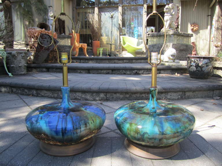 Magnificent Pair of Turquoise Oversized Squatty Danish Lava Drip Glaze Lamps Mid-century 3