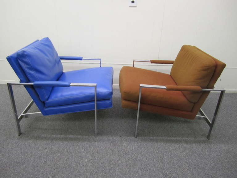 Fabulous pair of Milo Baughman Thayer Coggin chrome flat bar cube chairs. As you can see these both need to be reupholstered but i know thats really what you want. Whatever i upholster them in you will not be happy-get them now and make them your