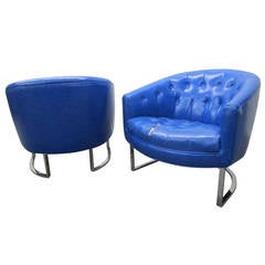Stunning Pair Milo Baughman style Barrel Back Chrome Lounge Chairs, Mid-Century