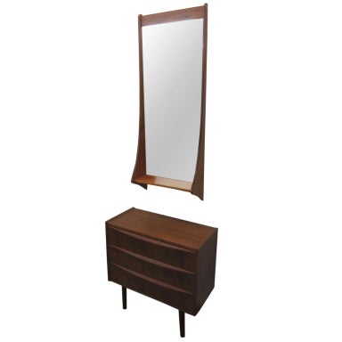 Tall Danish Modern Teak Entry Mirror Shelf Small Cabinet Pedersen