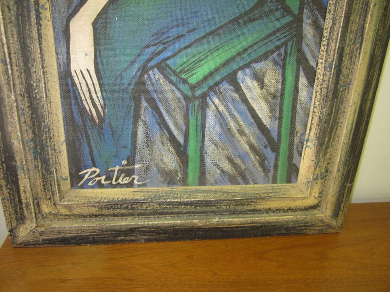 Canvas Large Scale Mid-Century Modern Oil Painting Blue Lady in Chair Portier For Sale