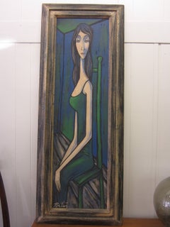 Vintage Large Scale Mid-Century Modern Oil Painting Blue Lady in Chair Portier