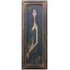 Large Scale Mid-century Modern Oil Painting Blue Lady In Chair Portier 11