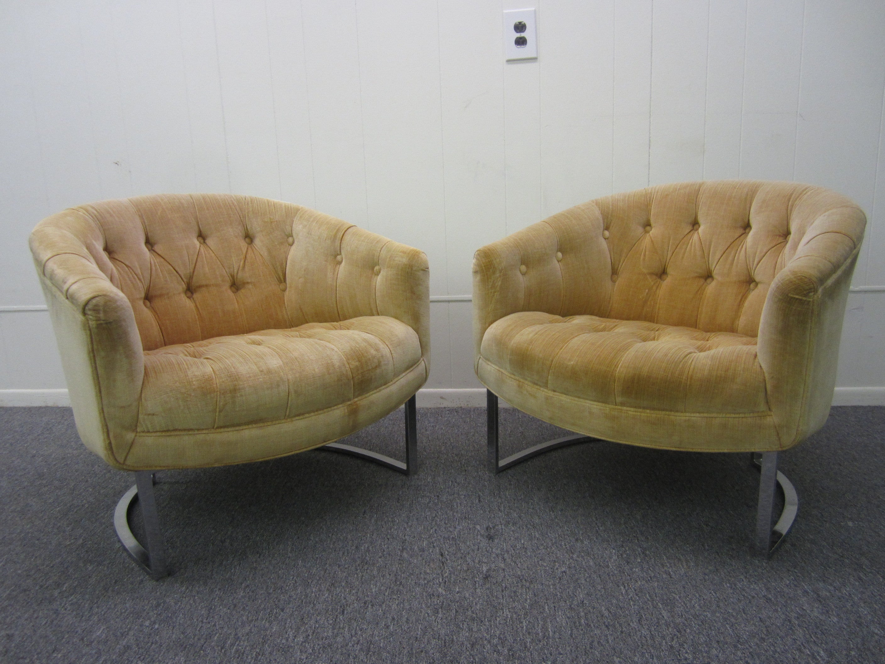 Pair of Milo Baughman Style Tufted Chrome Barrel Tub Chairs Mid-Century Modern