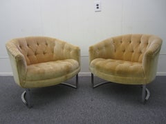 Vintage Pair of Milo Baughman Style Tufted Chrome Barrel Tub Chairs Mid-Century Modern