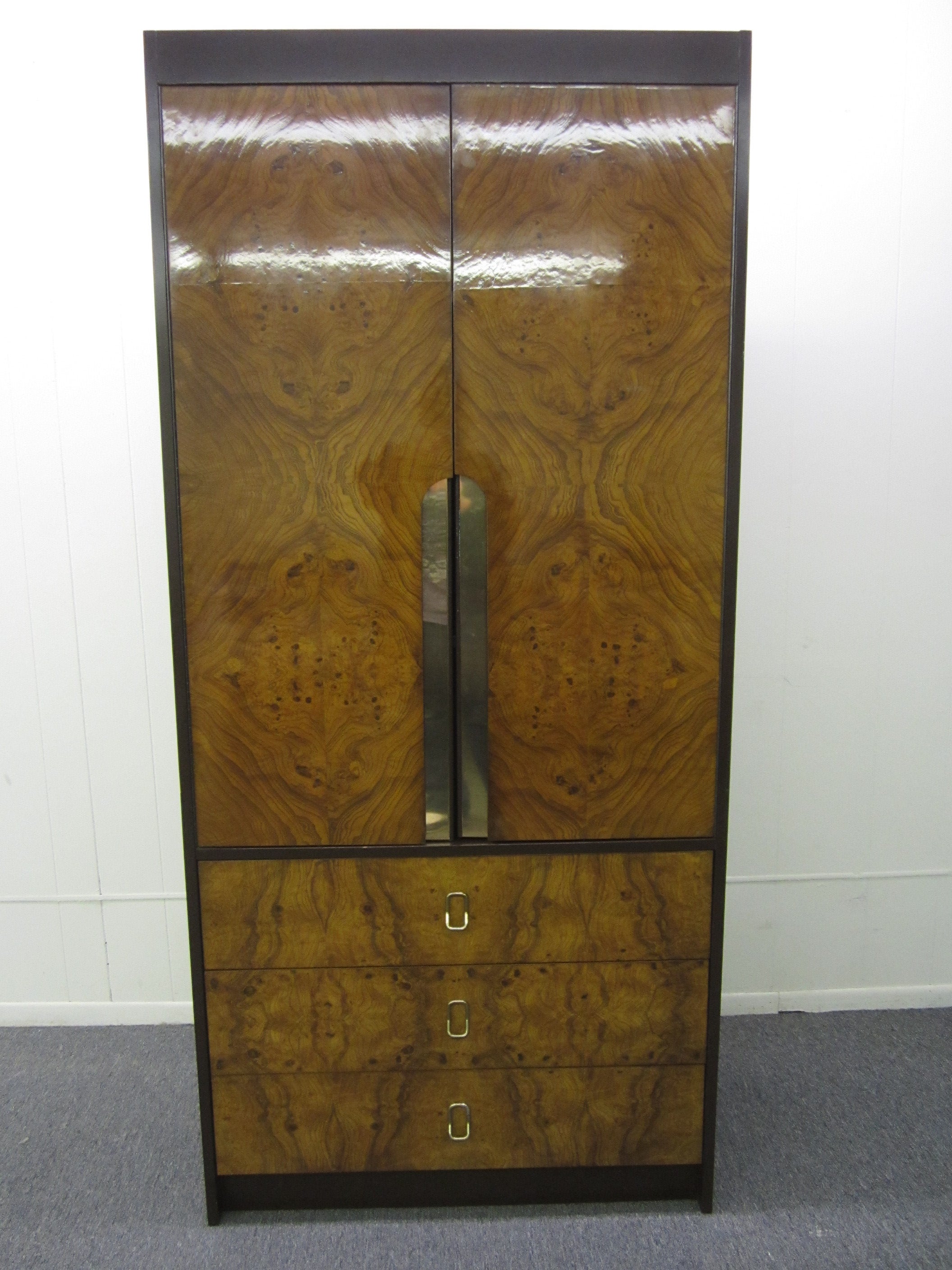 Burled Wood Tall Dresser Cabinet Mid-Century Modern