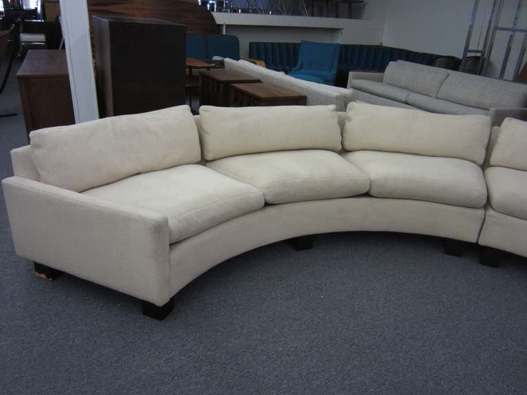 Gorgeous set of two curved Milo Baughman sofas made by Thayer Coggin.   This sectional can be arranged in a semi circle or facing each other. Fantastic shape and proportions make this a very coveted design. Each sofa measures 29