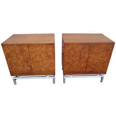 Lovely Pair American Mid-century Modern Burled Walnut Night Stands Chrome Base