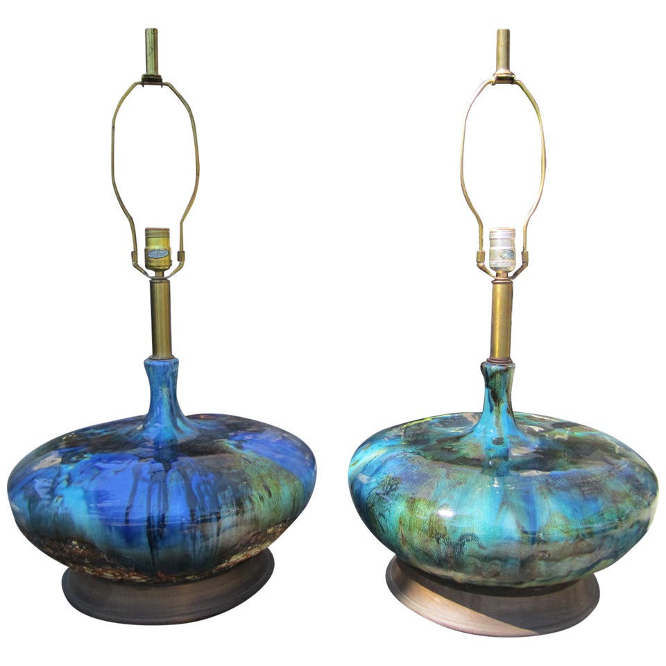Magnificent Pair of Turquoise Oversized Squatty Danish Lava Drip Glaze Lamps Mid-century