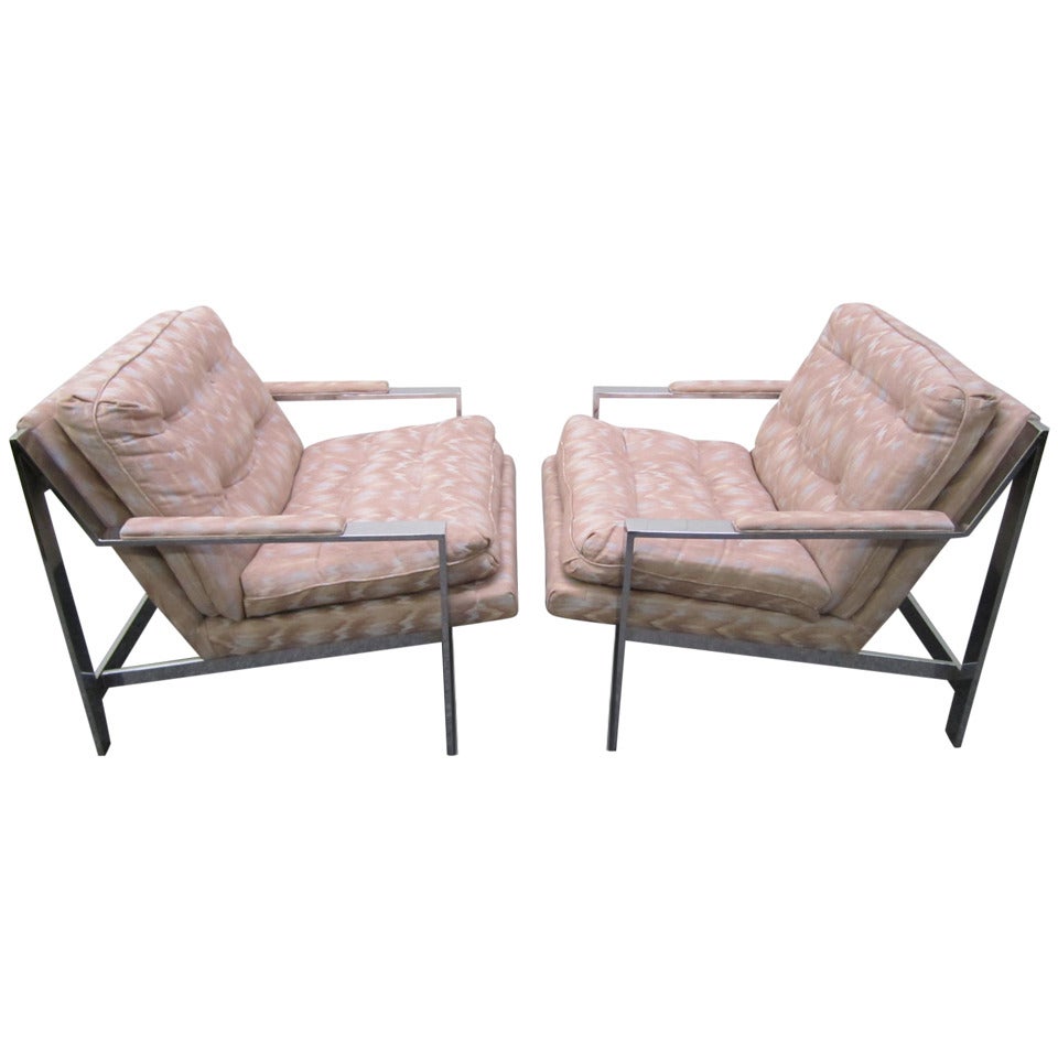 Excellent Pair of Milo Baughman Style Chrome Flat Bar Lounge Chairs Mid-Century Modern For Sale