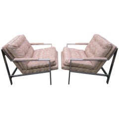 Vintage Excellent Pair of Milo Baughman Style Chrome Flat Bar Lounge Chairs Mid-Century Modern