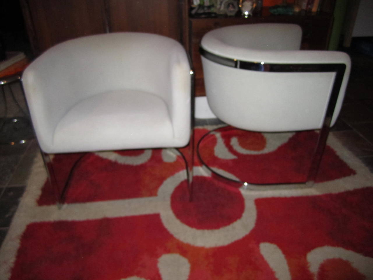 Sleek Pair of Milo Baughman Style Chrome Barrel Back Tub Chairs 2