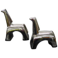 Retro Whimsical Pair Signed Jaru Silvered Ceramic Horse Sculptures Mid-Century Modern